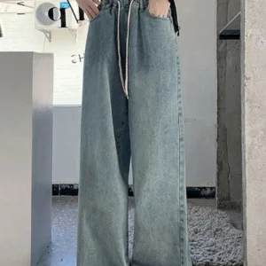 Botvotee Elastic Waist High Waist Wide Leg Jeans for Women Loose Straight Blue Long Denim Pants Female Fashion Streetwear Jeans