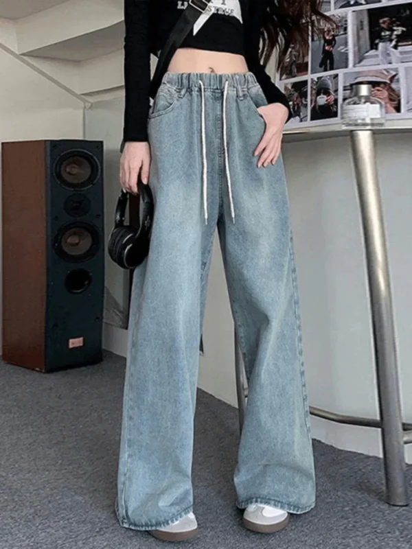 kf-Sdd224195a02947d9a85e1f9d198fd8f93 Botvotee Elastic Waist High Waist Wide Leg Jeans for Women Loose Straight Blue Long Denim Pants Female Fashion Streetwear Jeans